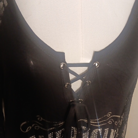 NWT. American Rebel Black Cold Shoulder Lace Sleeve Top - Picture 9 of 12